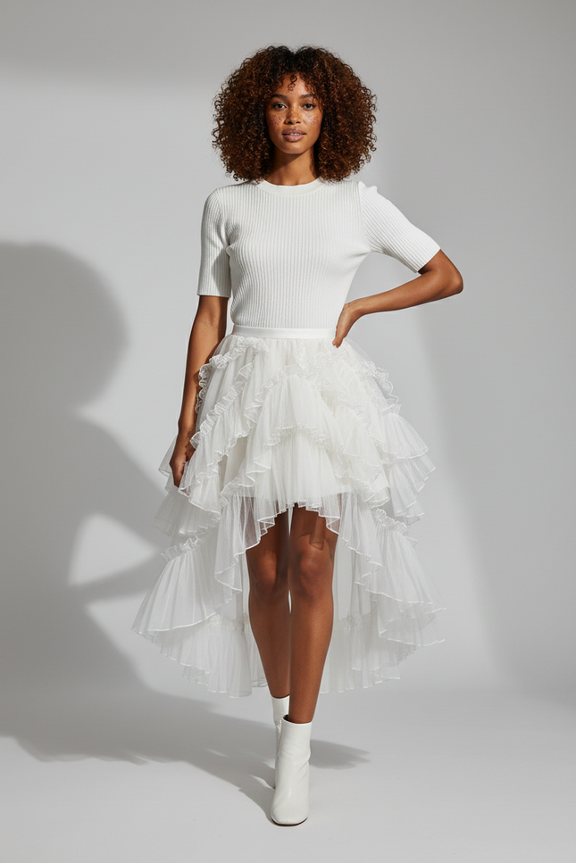 Jupe Blanche À Volants Asymétrique Fluide