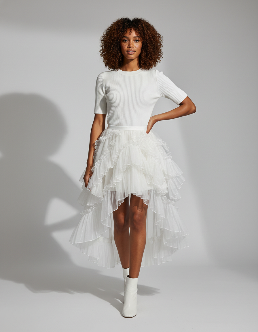 Jupe Blanche À Volants Asymétrique Fluide