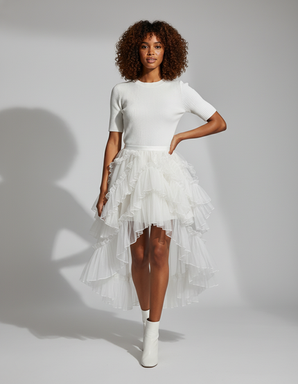 Jupe Blanche À Volants Asymétrique Fluide
