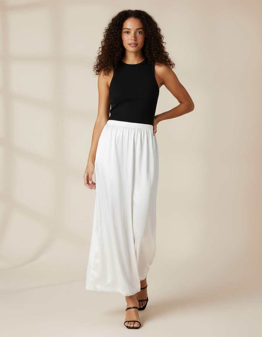 Jupe Blanche Satin Dentelle Fluide