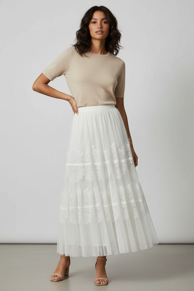 Jupe Blanche Plissée Dentelle Fluide