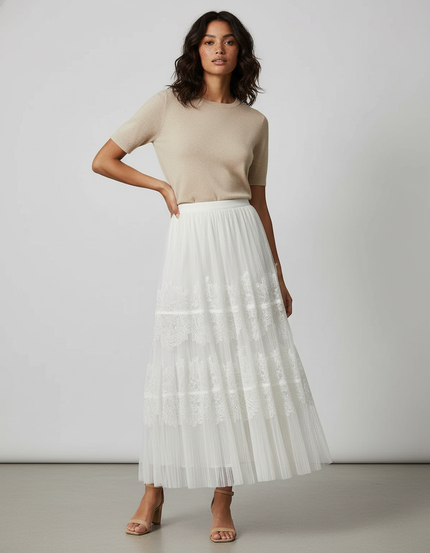 Jupe Blanche Plissée Dentelle Fluide