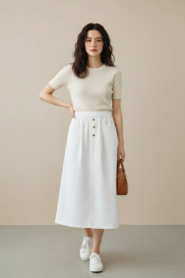 Jupe Blanche Taille Haute A-Line Décontractée