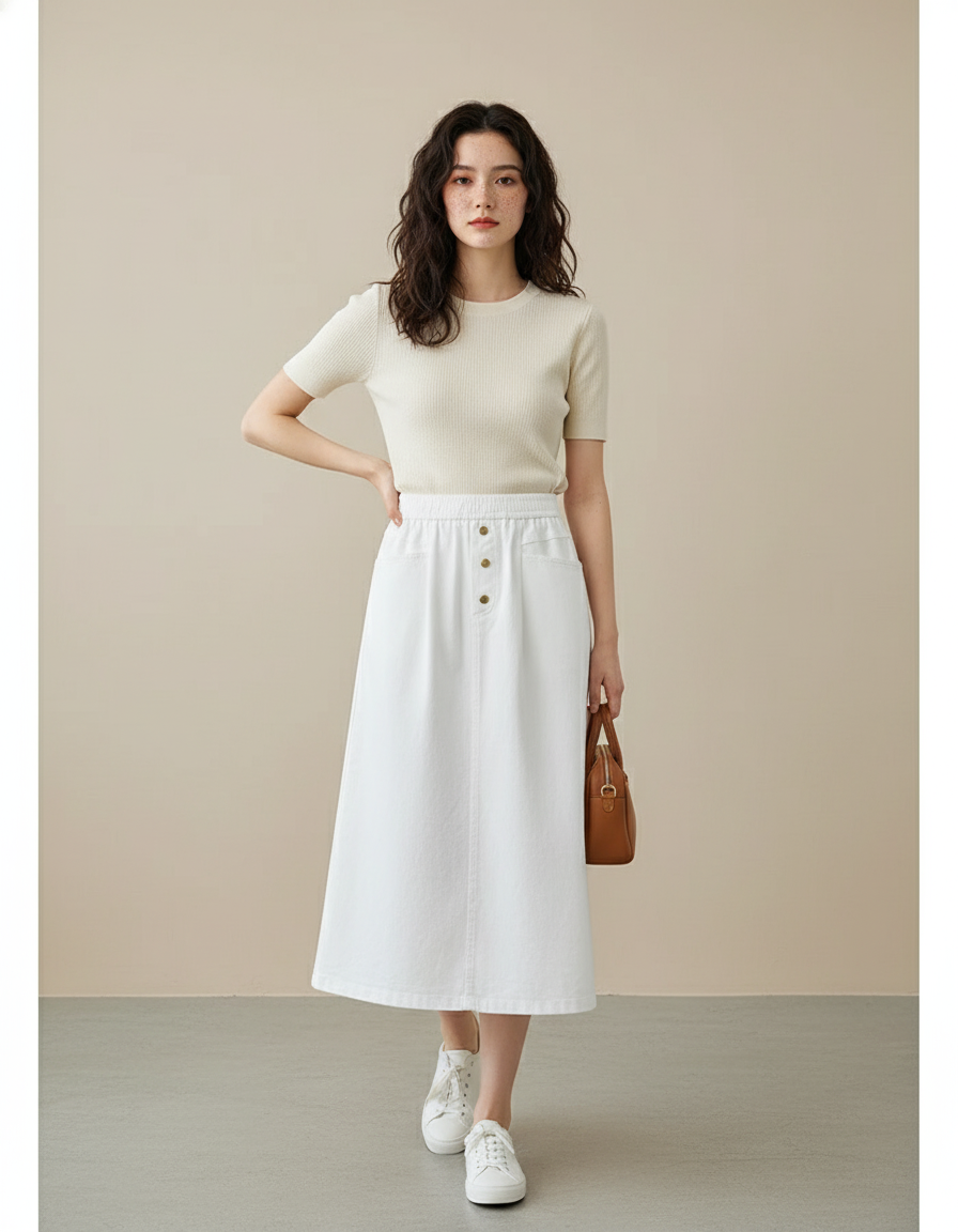 Jupe Blanche Taille Haute A-Line Décontractée