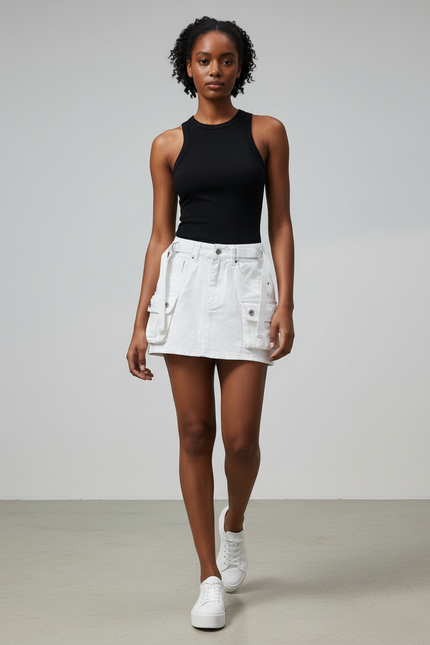 Jupe Blanche Cargo Denim Décontractée