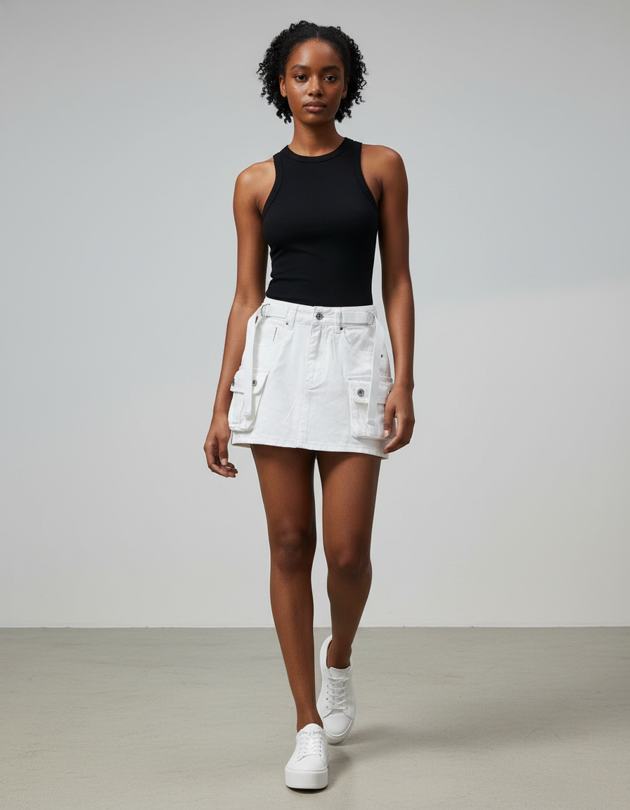 Jupe Blanche Cargo Denim Décontractée