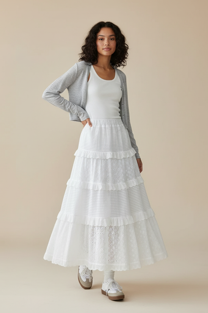 Jupe Blanche À Volants Broderie Anglaise Fluide