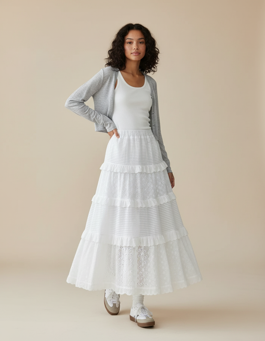 Jupe Blanche À Volants Broderie Anglaise Fluide