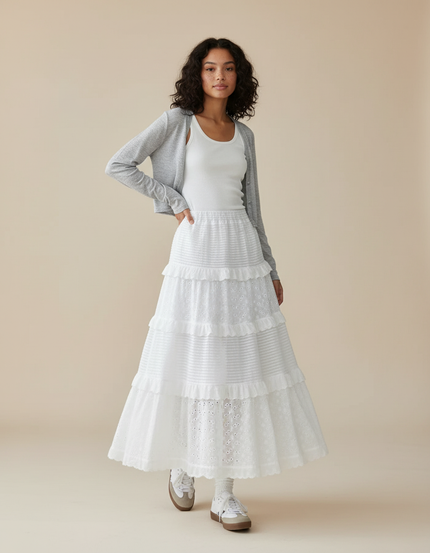 Jupe Blanche À Volants Broderie Anglaise Fluide