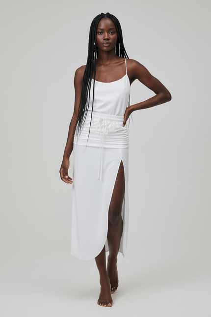 Jupe Blanche Fendue Taille Froncée Décontractée