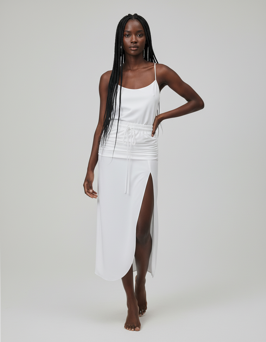 Jupe Blanche Fendue Taille Froncée Décontractée