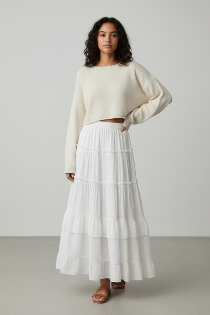 Jupe Blanche À Volants Fluide Estivale