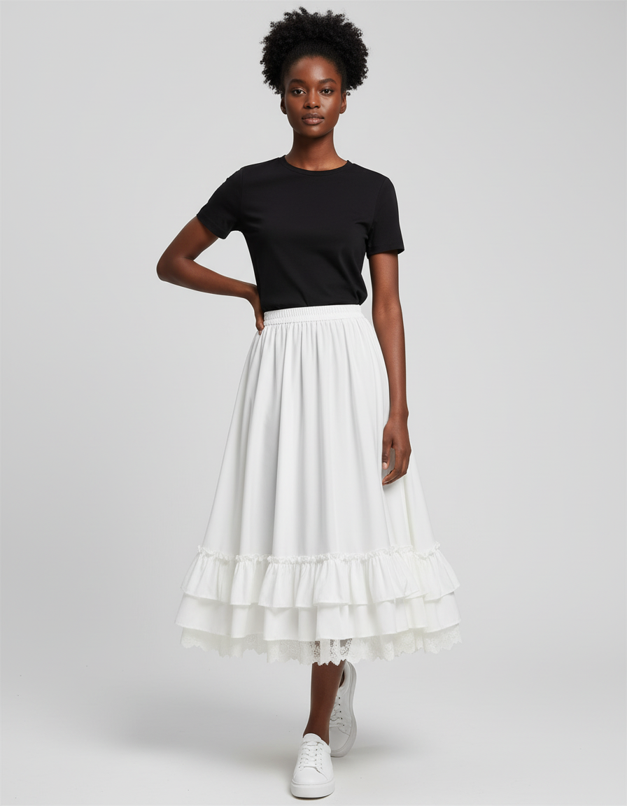 Jupe Blanche Volants Dentelle Chic