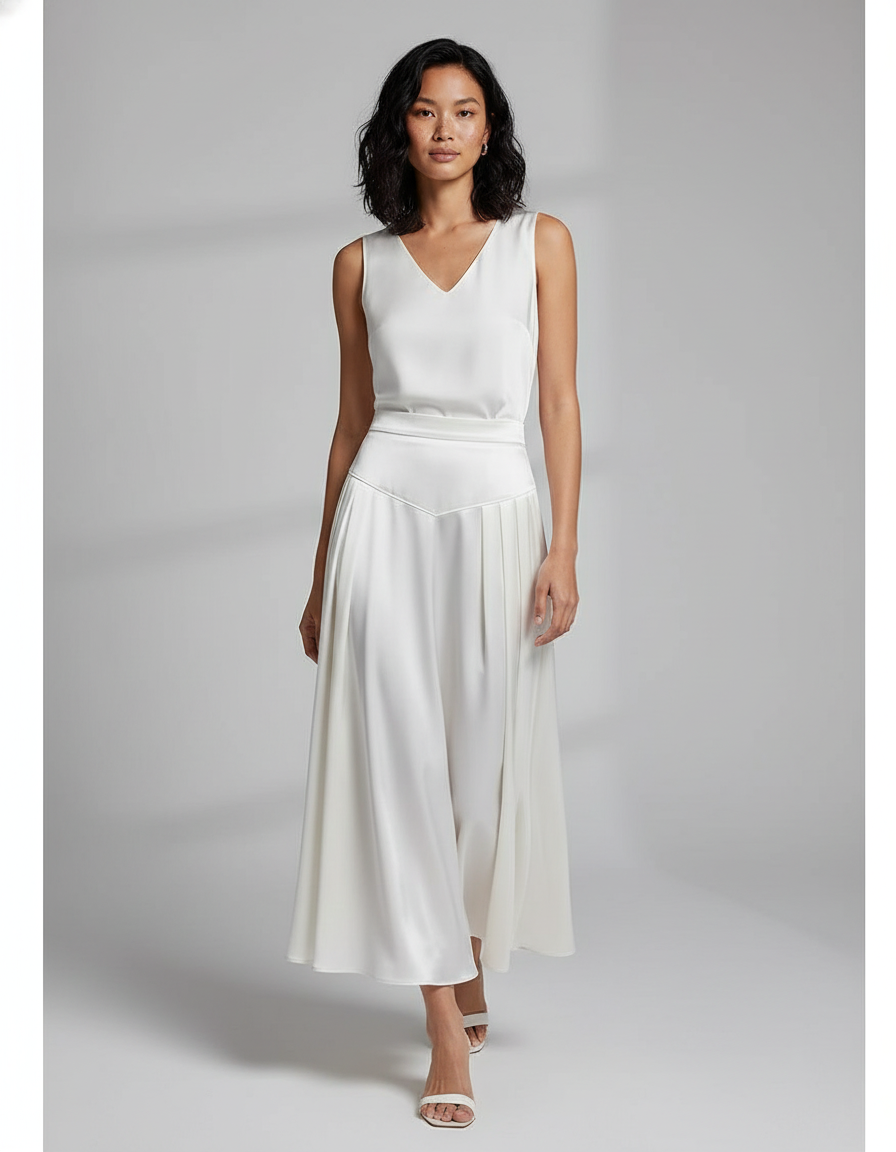 Jupe Blanche Satin Plissée Fluide