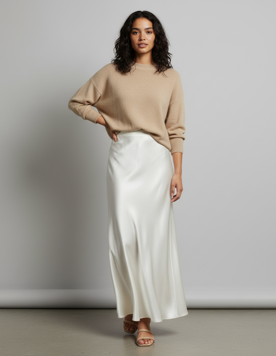Jupe Blanche Fluide Satin Élégante Chic