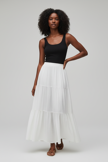 Jupe Blanche Étagée Longue Fluide