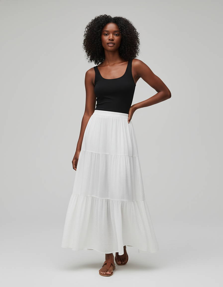Jupe Blanche Étagée Longue Fluide