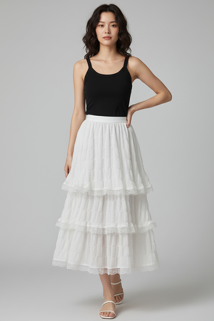 Jupe Blanche À Volants Dentelle Fluide Bohème