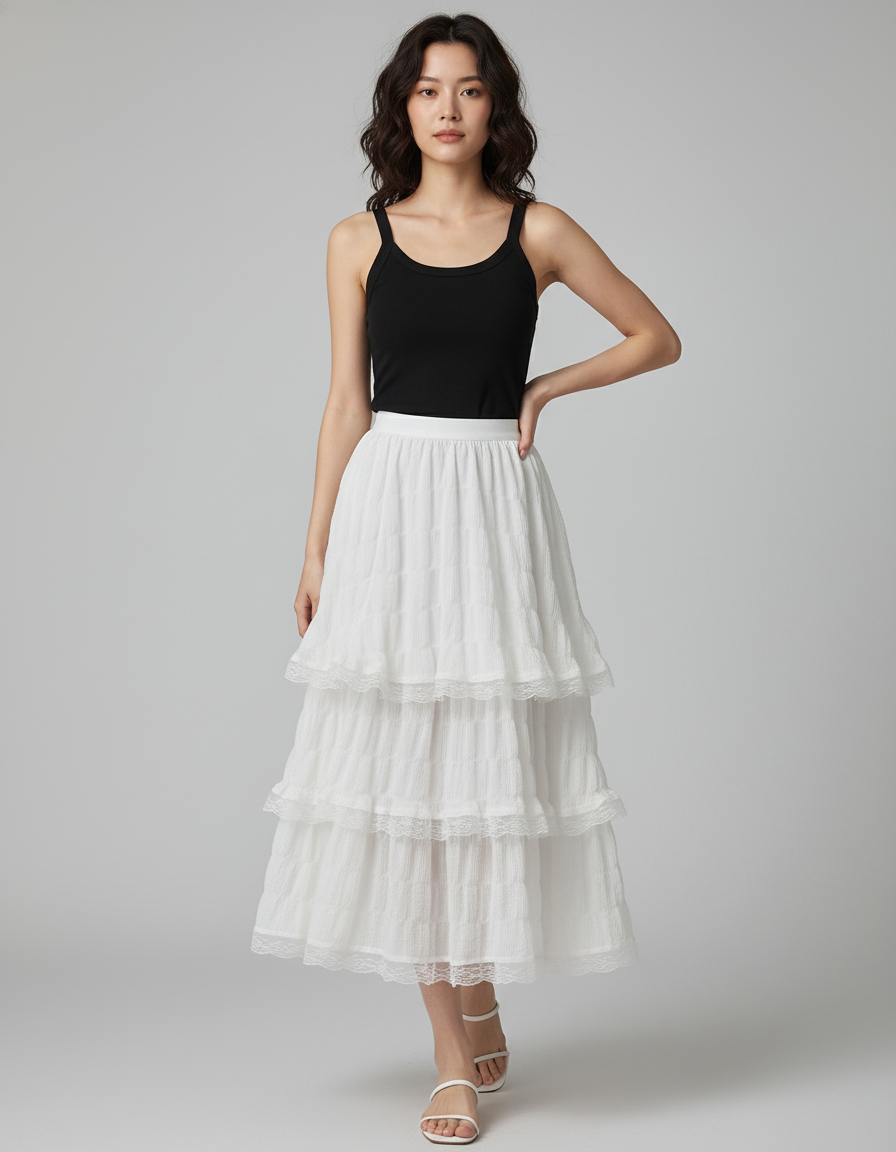 Jupe Blanche À Volants Dentelle Fluide Bohème