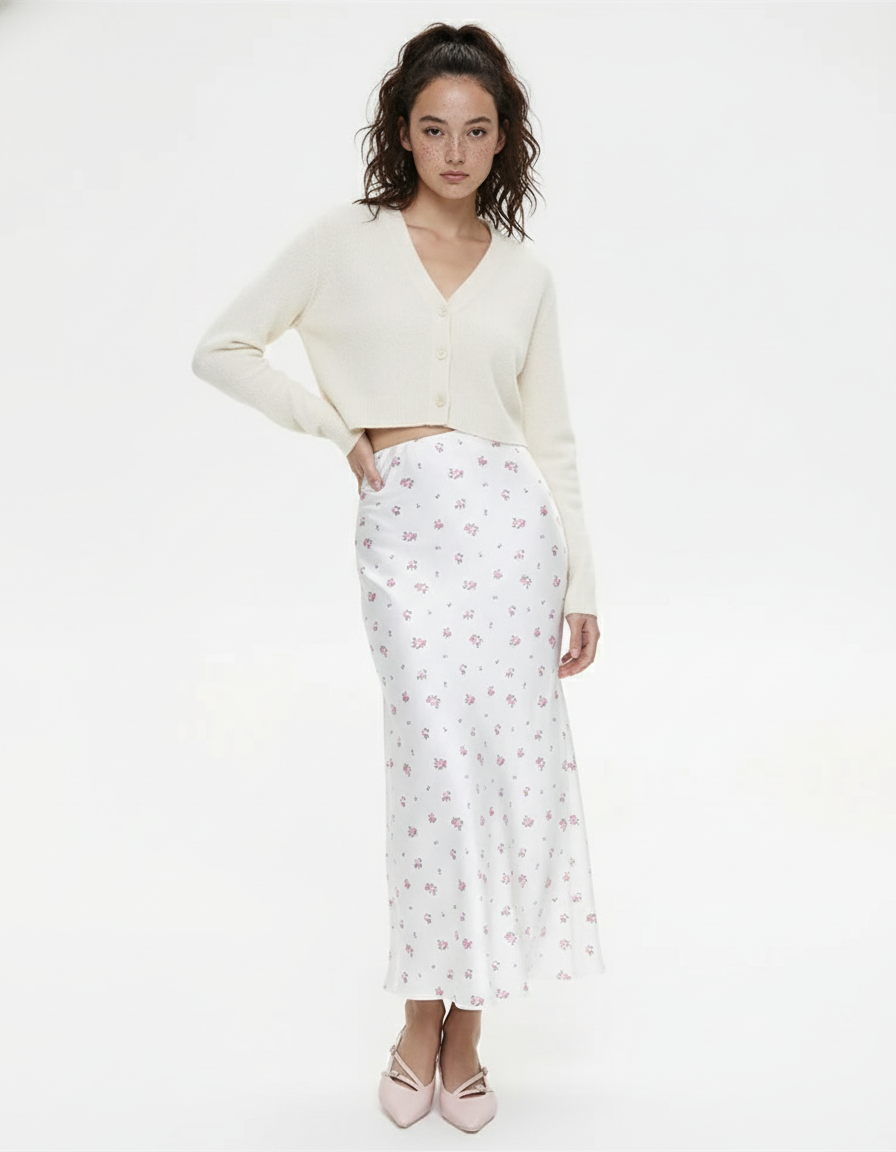 Jupe Blanche Florale Fluide Élégante