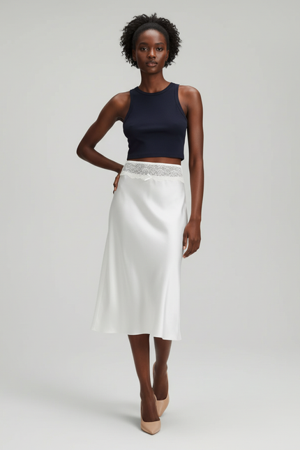 Jupe Blanche Satin Dentelle Élégante