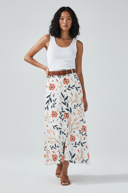 Jupe Blanche Florale Boutonnée Bohème