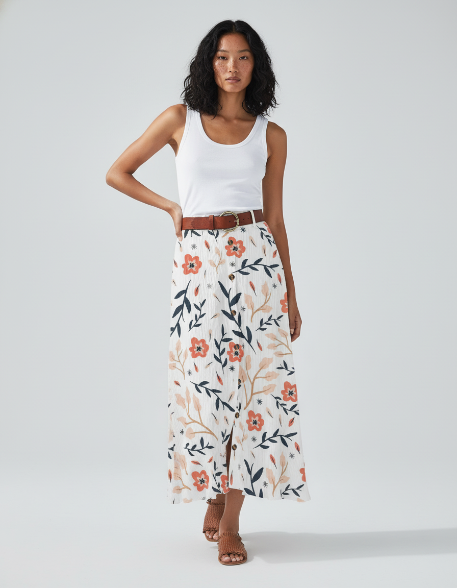 Jupe Blanche Florale Boutonnée Bohème