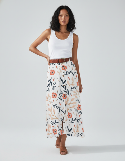 Jupe Blanche Florale Boutonnée Bohème