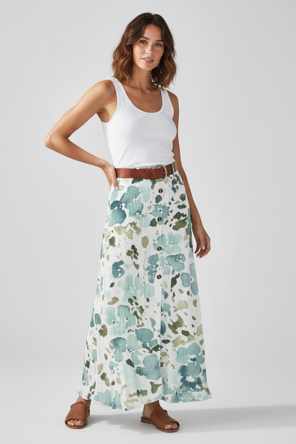 Jupe Blanche Imprimée Boutonnée Fluide