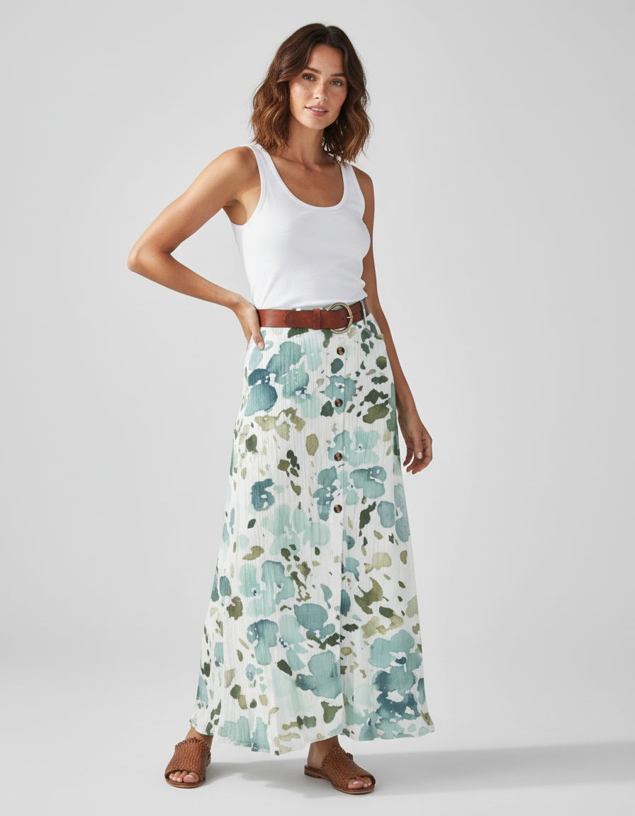 Jupe Blanche Imprimée Boutonnée Fluide