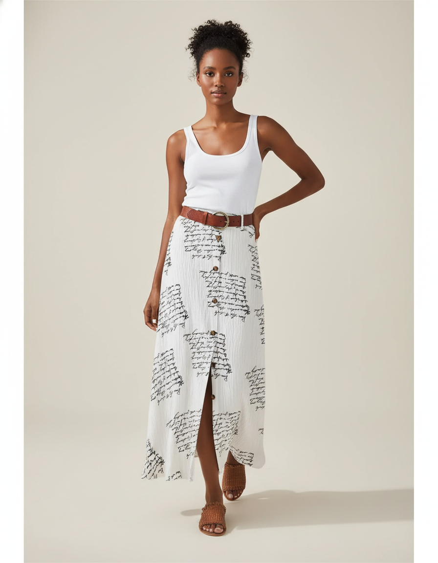 Jupe Blanche Imprimée Boutonnée Fluide Bohème