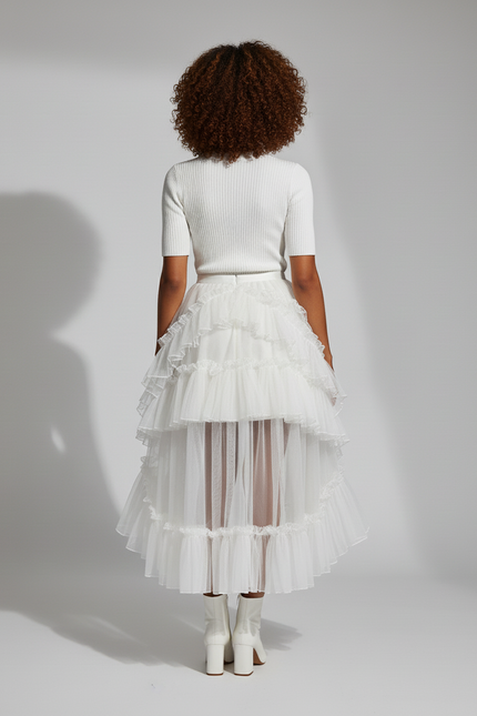 Jupe Blanche À Volants Asymétrique Fluide
