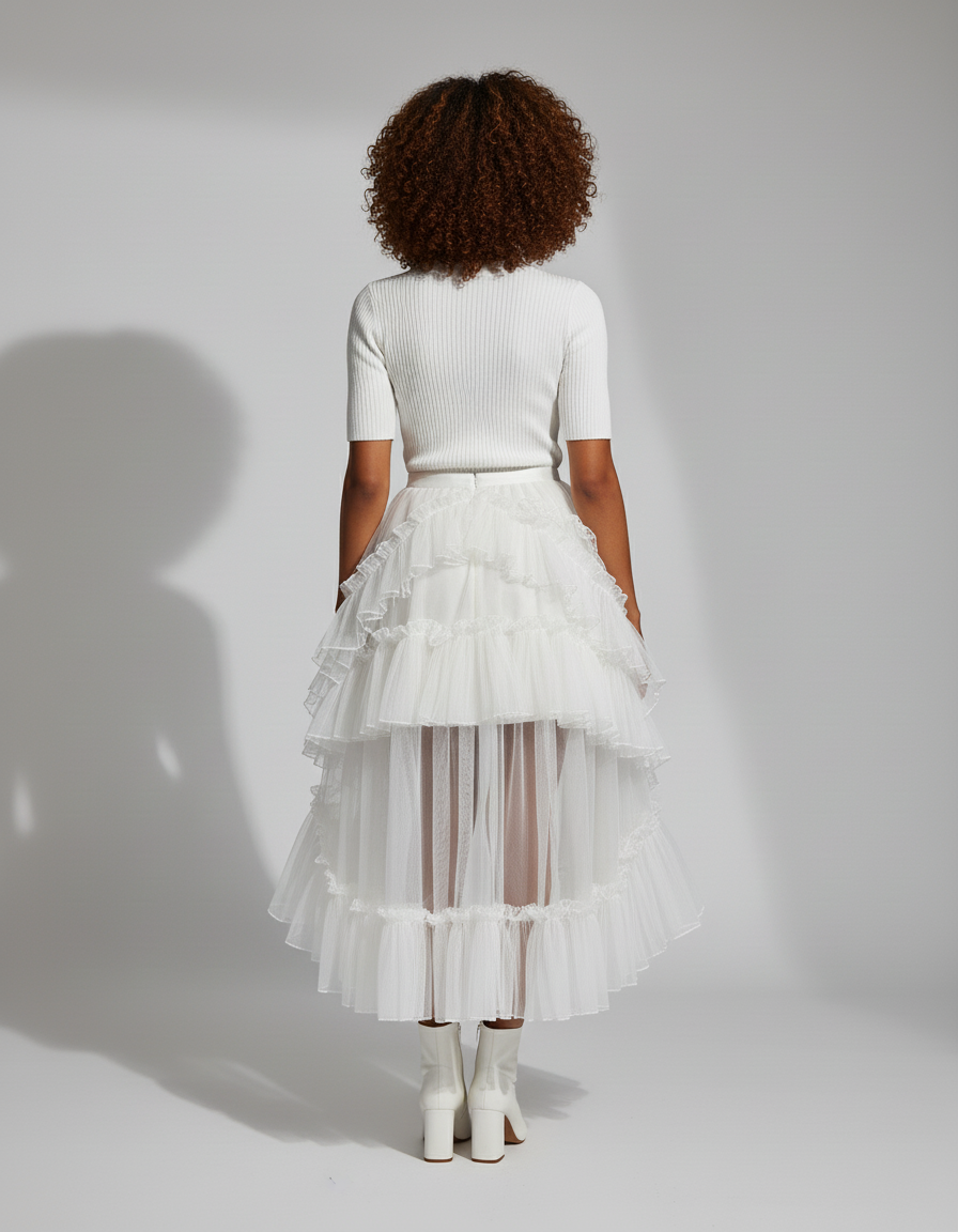 Jupe Blanche À Volants Asymétrique Fluide