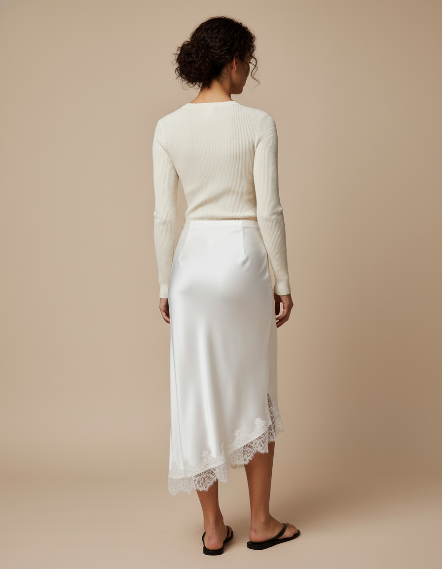 Jupe Blanche Satin Dentelle Élégante Raffinée