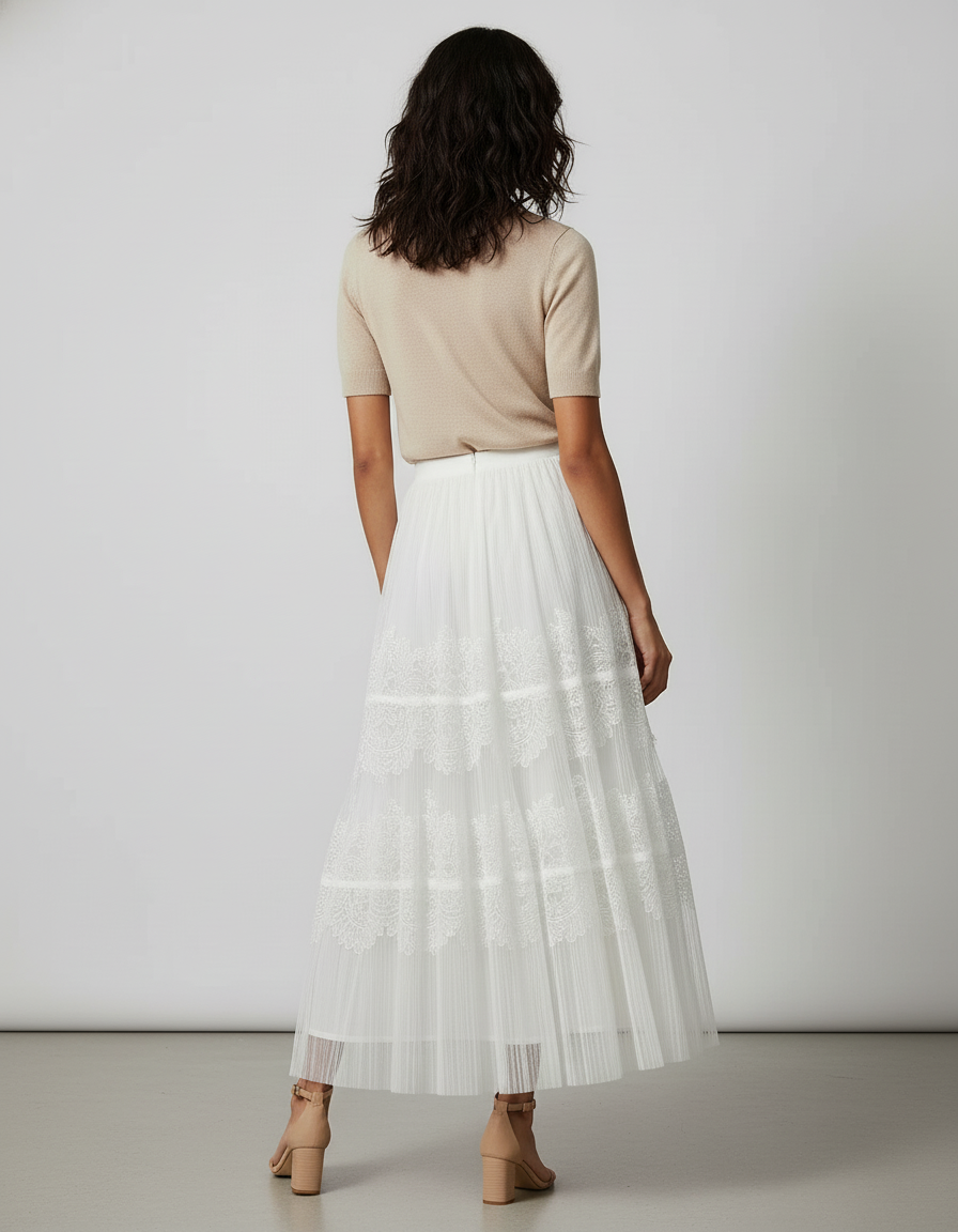 Jupe Blanche Plissée Dentelle Fluide