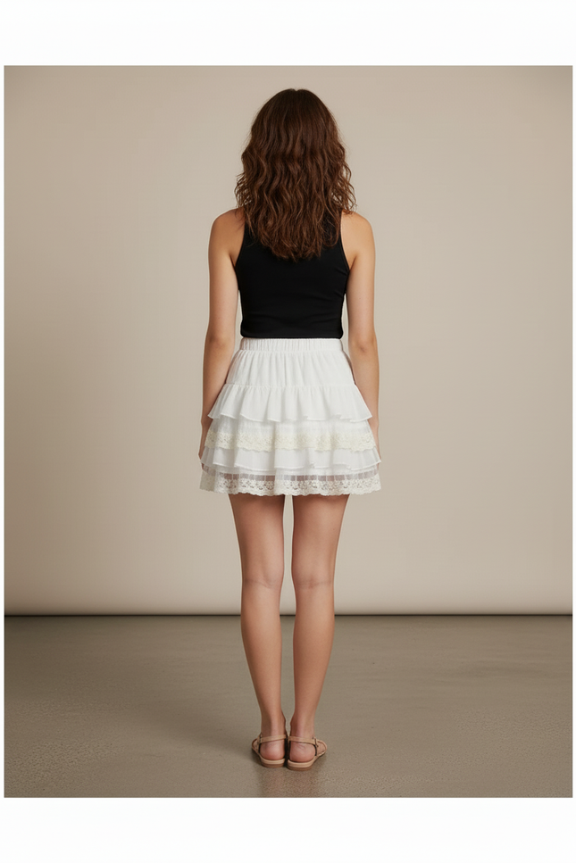 Jupe Blanche À Volants Dentelle Fluide Délicate