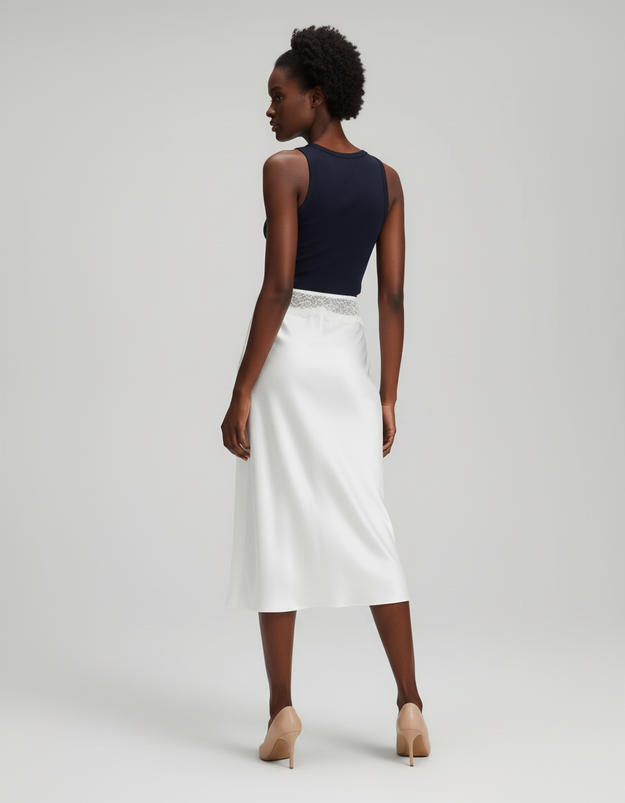 Jupe Blanche Satin Dentelle Élégante
