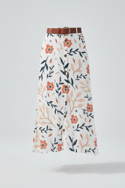 Jupe Blanche Florale Boutonnée Bohème